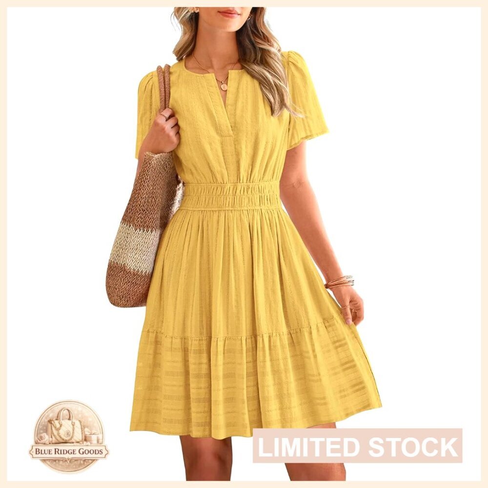 Boho Mini Dress Lightweight Cotton V Neck Elastic Waist Pockets Casual Chic